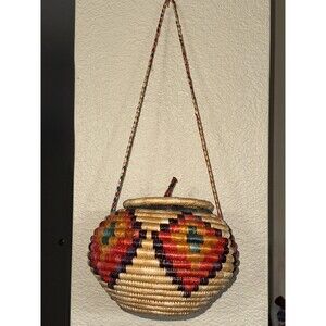 Hand Made Multi-Colored Coiled Basket w/Lid and Braided strap Vintage